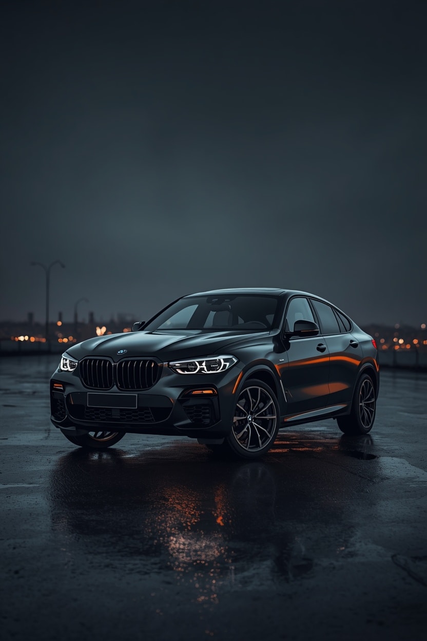 SUV coupé preto premium numa rua urbana ao anoitecer
